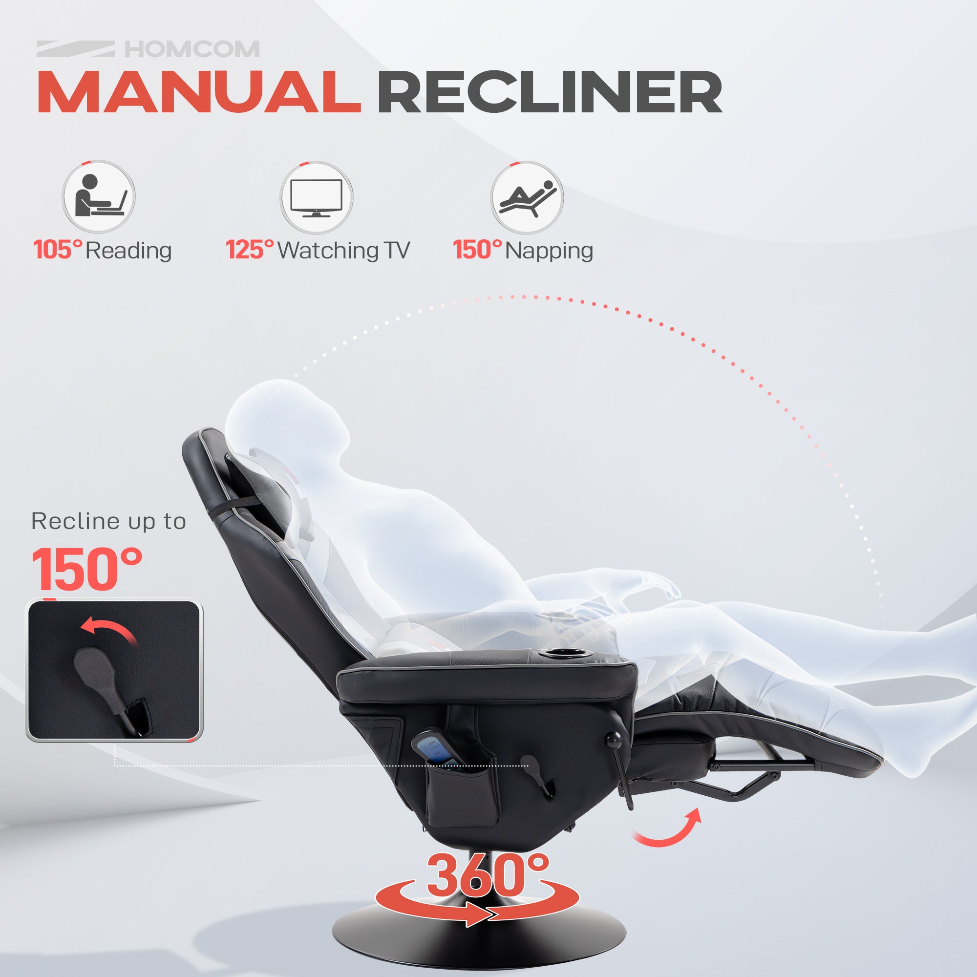 HOMCOM Massage Gaming Chair, Swivel Racing Video Gaming Recliner with Retractable Footrest, Headrest, Cup Holders and Side Pockets, Ergonomic High Back PU Leather Executive Desk Chair, Grey